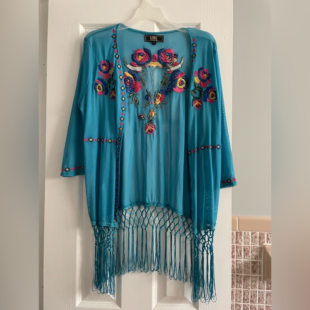 Embroidered Teal Kimono with Fringe